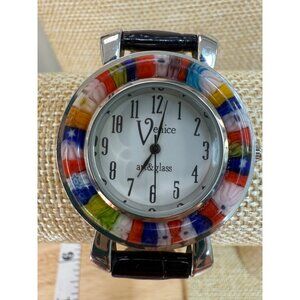 Venice Art Glass Watch With Multicolor Bezel & Black Leather Strap NOT TESTED